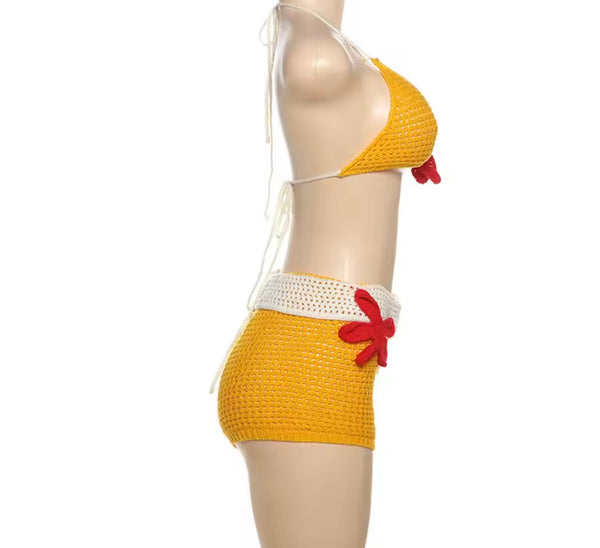 Women Sexy Halter Floral Two Piece Knitted Short Set