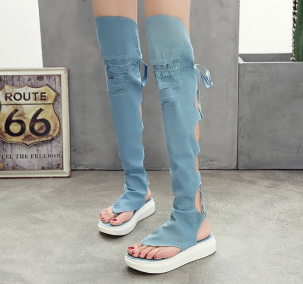 Women Fashion Open Toe Denim Lace Up Knee High Sandals