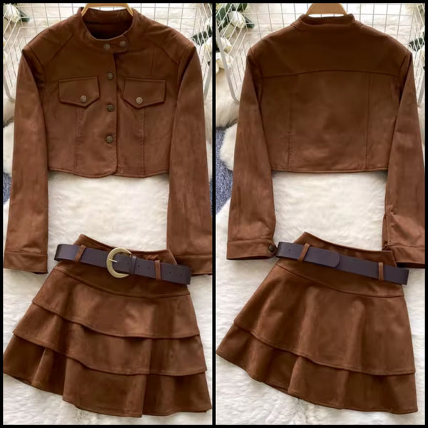 Women Fashion Brown Button Up Suede Jacket Two Piece Skirt Set