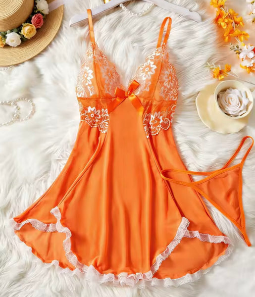 Women Sexy Orange Floral Lace Mesh Nightgown Lingerie Set