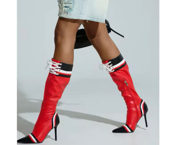 Women Fashion Color Patchwork Striped Tie Up Knee High Boots