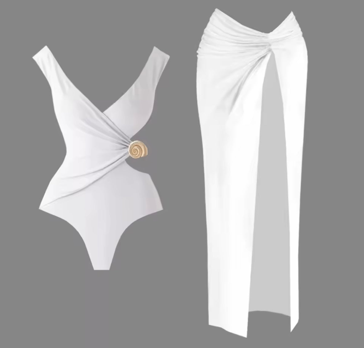 Women White Gold Cut Out Sexy Swimsuit Cover Up Set