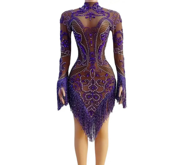 Women Sexy Purple Beaded Crystal Full Sleeve Tassel Mesh Dress