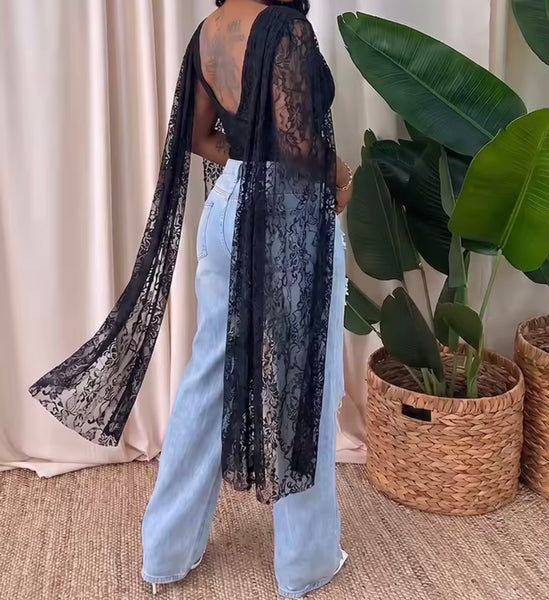 Women Lace Open Back Bodysuit Top