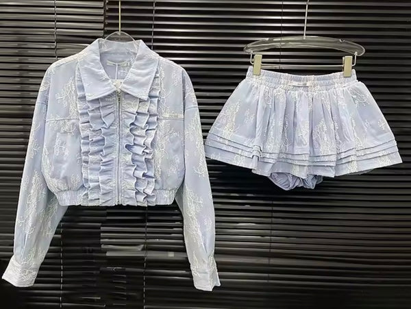 Women Fashion Ruffled Lace Jacket Two Piece Skirt Set