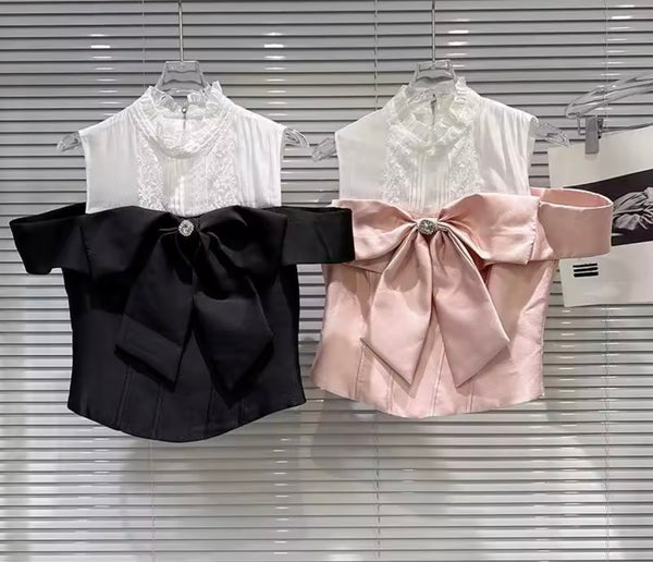 Women Bling Bow Color Patchwork Sleeveless Top
