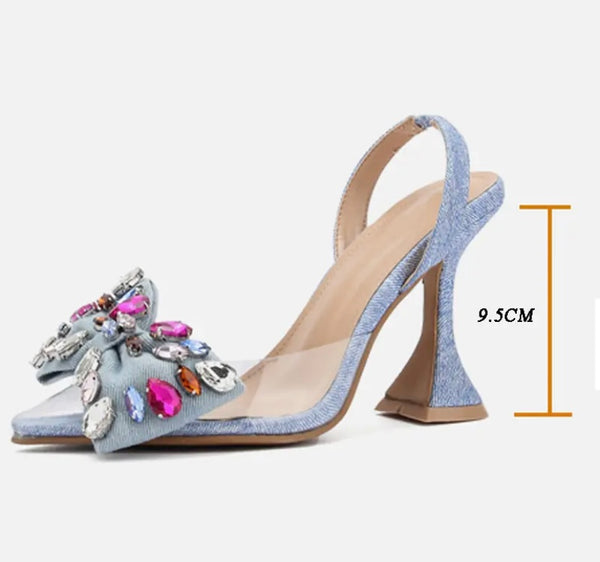 Women Fashion Crystal Bow Denim High Heels