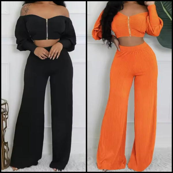 Women Color Ribbed Zip Up Full Sleeve Two Piece Pant Set