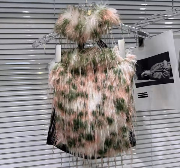 Women Colorful Leopard Print Faux Fur Halter Sleeveless Top