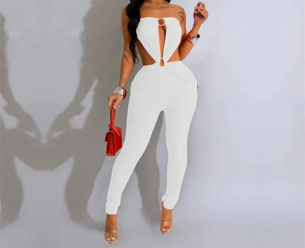 Women Sexy Solid Color Sleeveless Metal Cut Out Jumpsuit