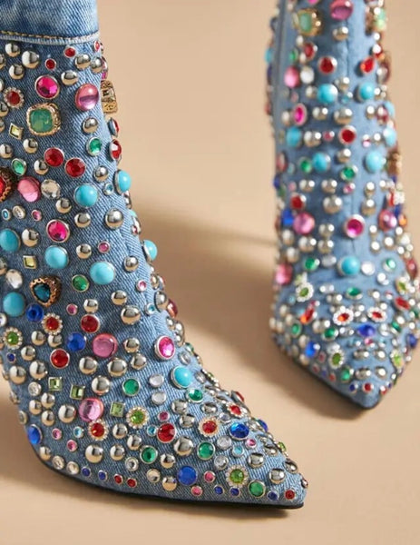 Women Colorful Gem Pointed Toe High Heel Denim Ankle Boots