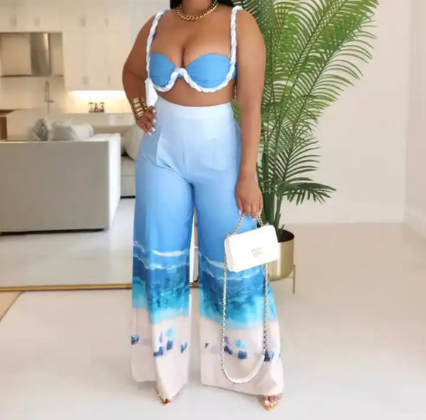 Women Blue Printed Sleeveless Sexy Two Piece Wide Leg Pant Set