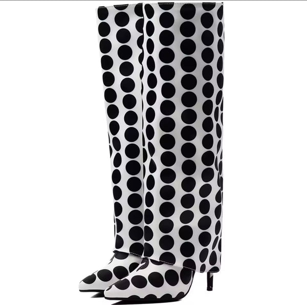 Women Fashion White Polka Dot Pointed Toe Knee High Boots