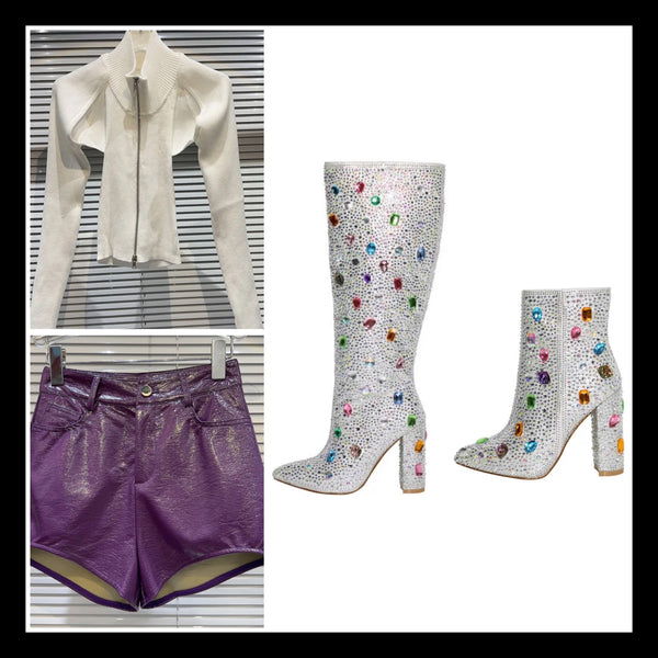 Women Fashion Silver Colorful Gem Ankle/Knee High Boots