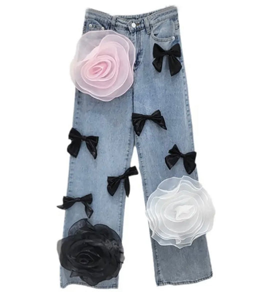 Women Fashion Color Floral Bow Denim Wide Leg Pants