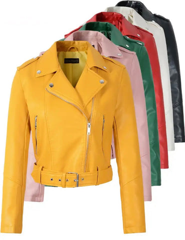 Women Color Zip Up Buckled Faux Leather Fashion Jacket