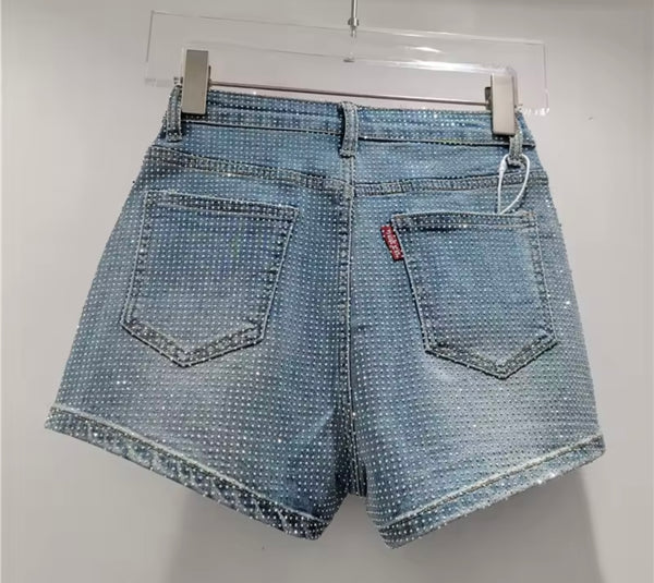 Women Fashion High Waist Bling Rhinestone Denim Shorts