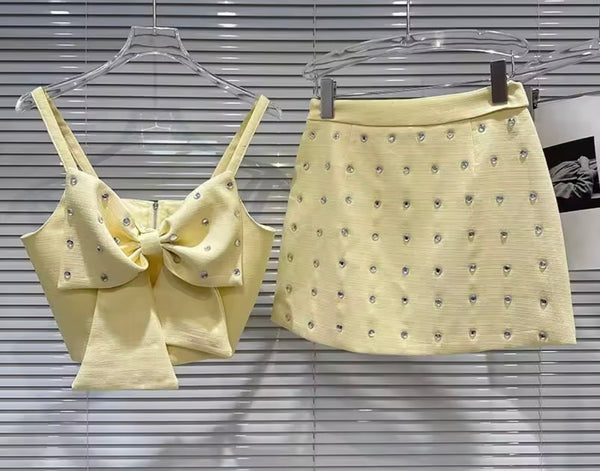 Women Sleeveless Rhinestone Bow Sexy Two Piece Skirt Set
