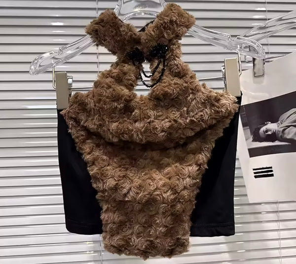 Women Halter Sleeveless Faux Fur Fashion Crop Top