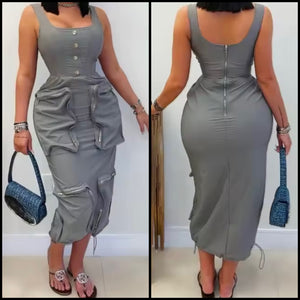 Women Sexy Sleeveless Gray Cargo Maxi Dress