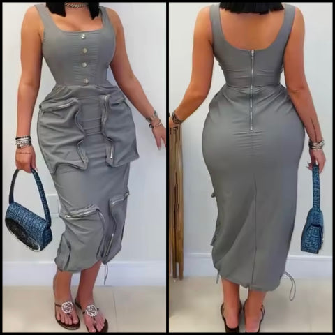 Women Sexy Sleeveless Gray Cargo Maxi Dress