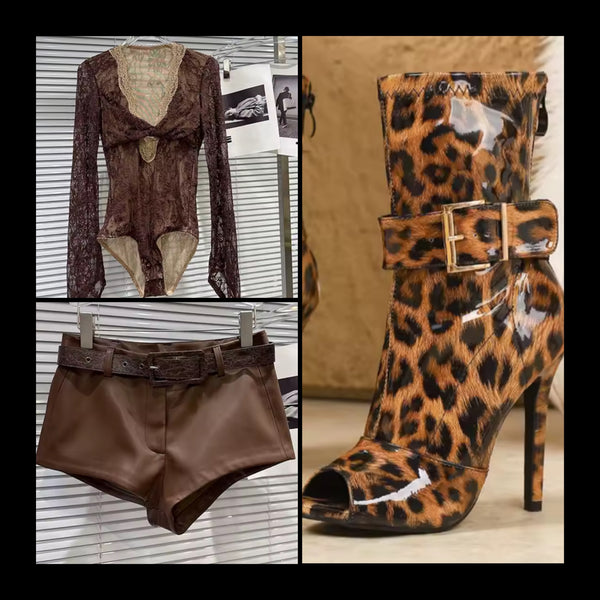 Women Brown Lace Full Sleeve Two Piece Faux Leather Short Set