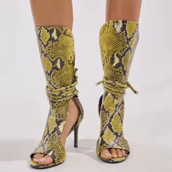 Women Fashion Snake Print Lace Up High Heel Sandals