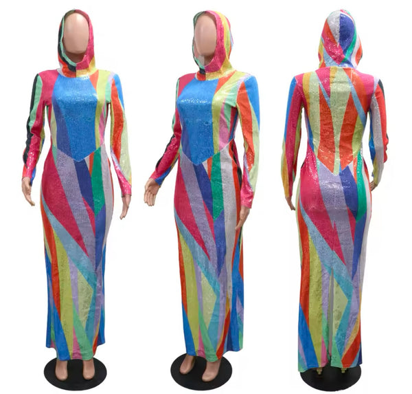 Women Color Patchwork Sparkly Hooded Full Sleeve Maxi Dress