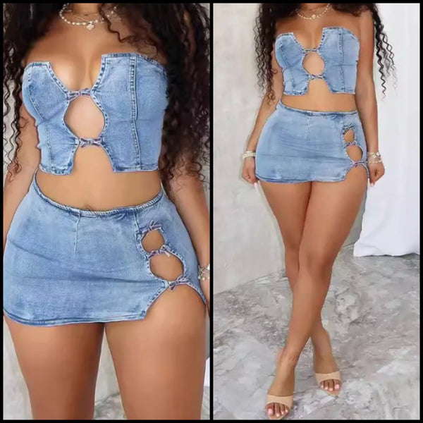 Women Sexy Strapless Crop Two Piece Cut Out Denim Skirt Set