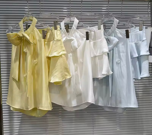Women Bow Halter Sleeveless Ruffled Two Piece Skirt Set