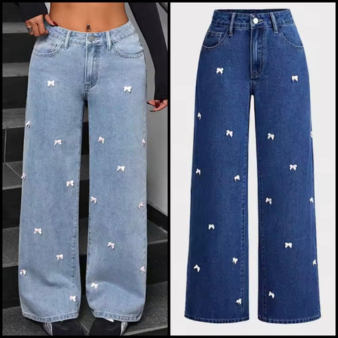Women Fashion Color Bow Patchwork Denim Pants