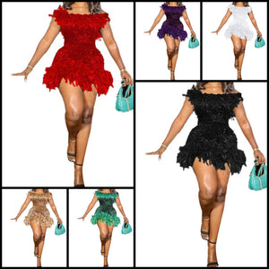Women Sexy Feather Off The Shoulder Sequins Dress