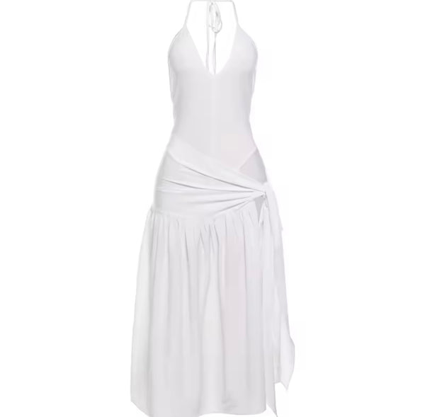 Women Sexy Sleeveless Solid Color Bodysuit Two Piece Skirt Set