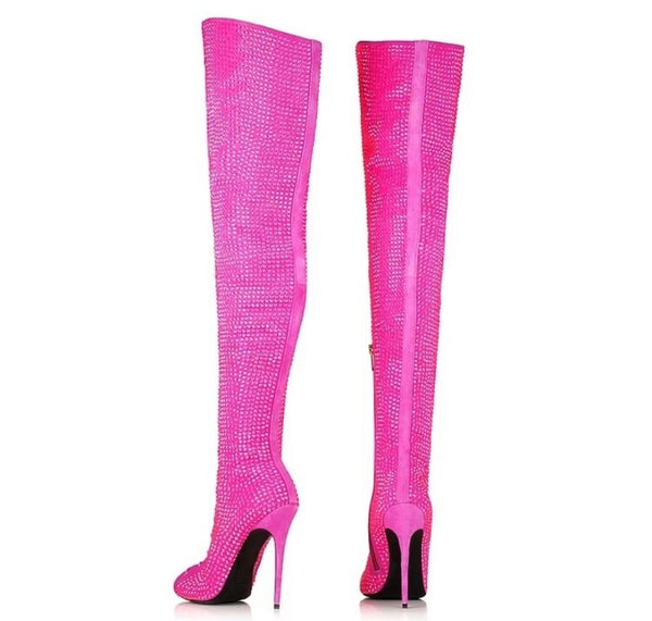 Women Pink Lace Up Rhinestone Fashion Knee High Boots