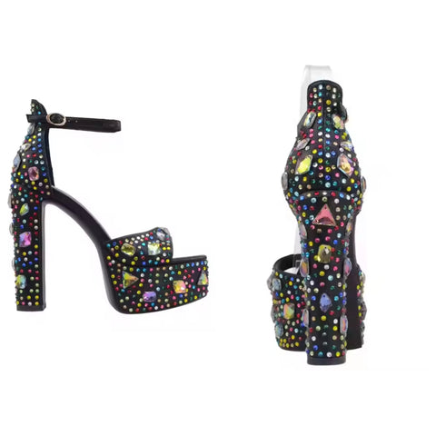 Women Fashion Black Color Crystal Platform Ankle Strap Sandals