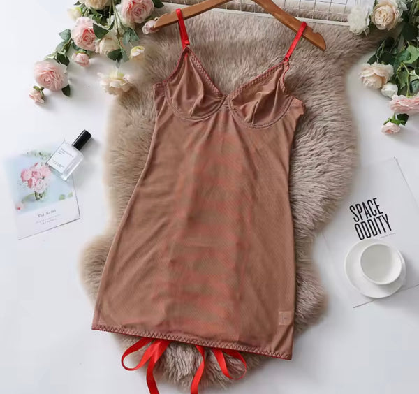 Women Sexy Sleeveless Open Back Lace Up Mesh Nightgown Lingerie