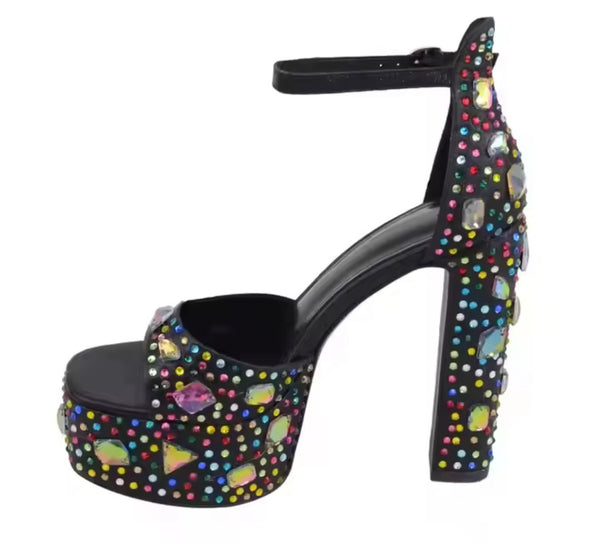 Women Fashion Black Color Crystal Platform Ankle Strap Sandals