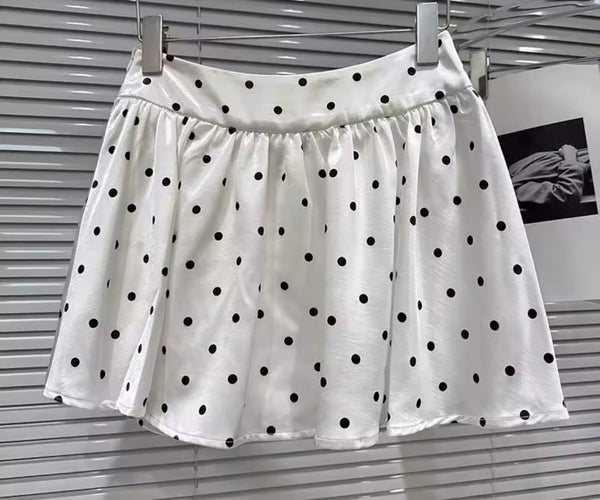 Women Button Up Polka Dot Short Sleeve Two Piece Skirt Set