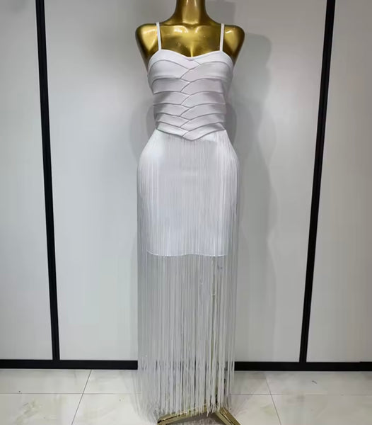 Women Sexy White Sleeveless Fringe Tassel Maxi Dress