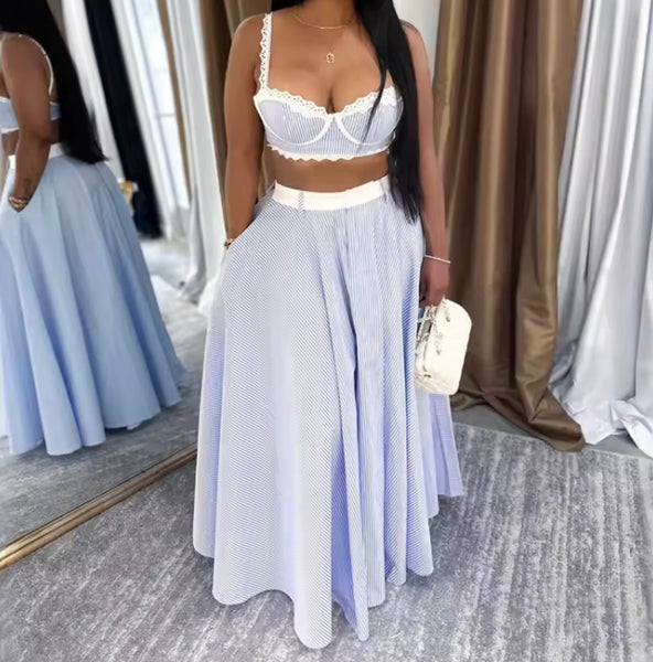 Women Sexy Striped Sleeveless Crop Two Piece Maxi Skirt Set