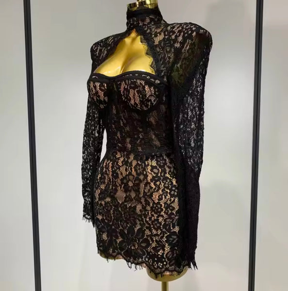 Women Black Sexy Turtleneck Full Sleeve Cut Out Lace Dress