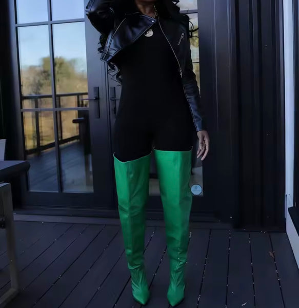 Women Color Zip Up Faux Leather Crop Jacket