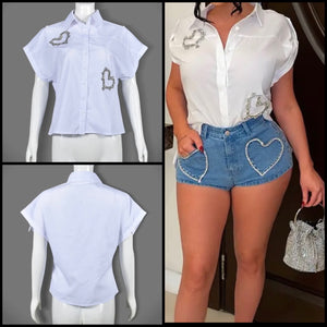 Women Fashion Short Sleeve Heart Rhinestone Button Up Top