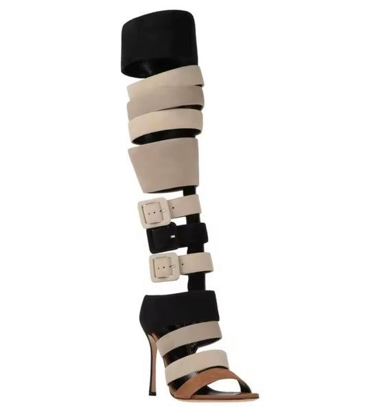 Women Fashion Suede Open Toe Buckled Knee High Sandals