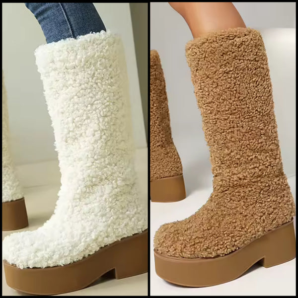 Women Fashion Furry Fleece Platform Knee High Boots