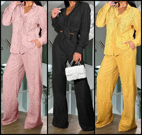 Women Fashion Full Sleeve Lace Button Up Two Piece Pant Set