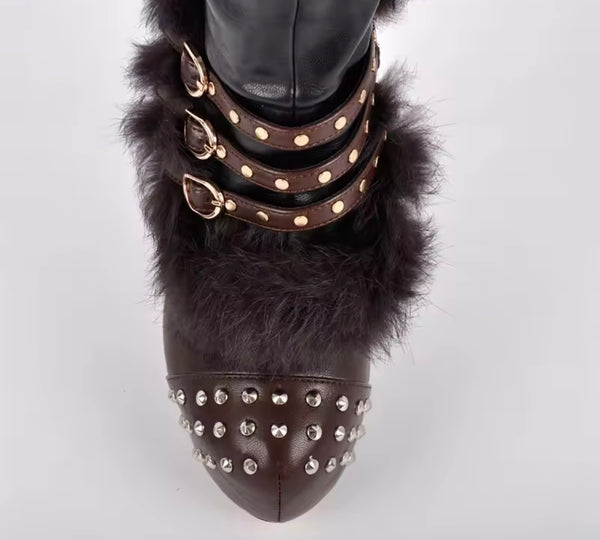 Women Fashion Fur Rivet Buckled Color Patchwork Knee High Boots