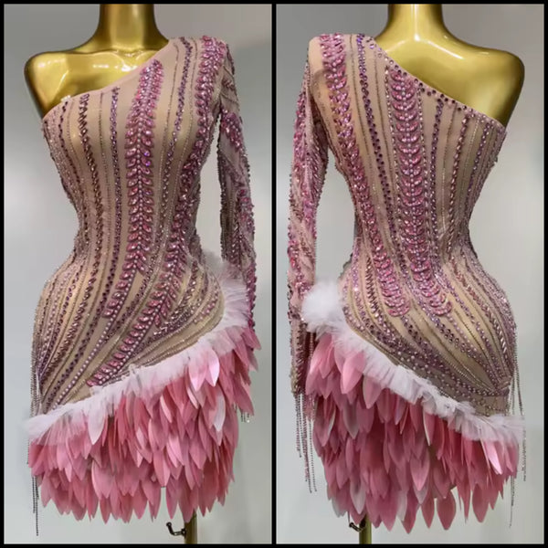 Women Sexy One Shoulder Full Sleeve Rhinestone Feather Dress