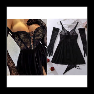 Women Black Sexy Sleeveless Glove Lace Lingerie Set