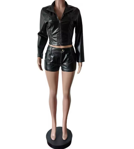 Women Fashion Faux Leather Full Sleeve Zip Up Two Piece Short Set